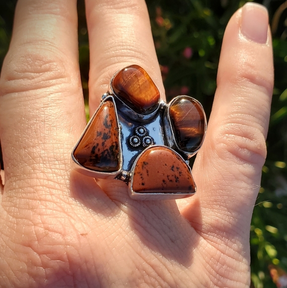 New Tiger Eye & Mahogany Obsidian 925 Silver Ring. - Picture 3 of 15